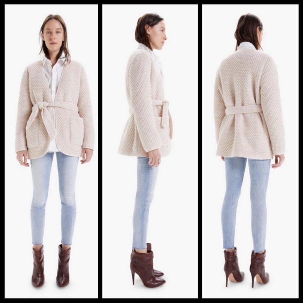 Mother Denim Cream Textured Open Cardigan with Pockets with sherling interior.